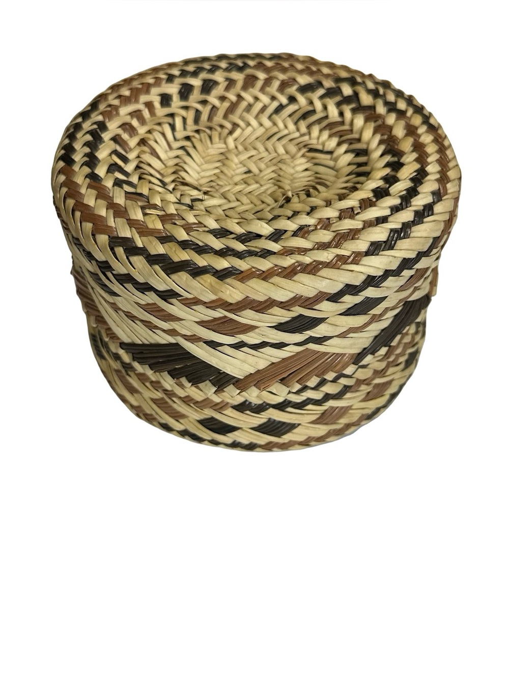 Vtg Hand Woven Tribal Weave Straw Trinket Basket Box Lid Geometric 6.5x4.75 Boho